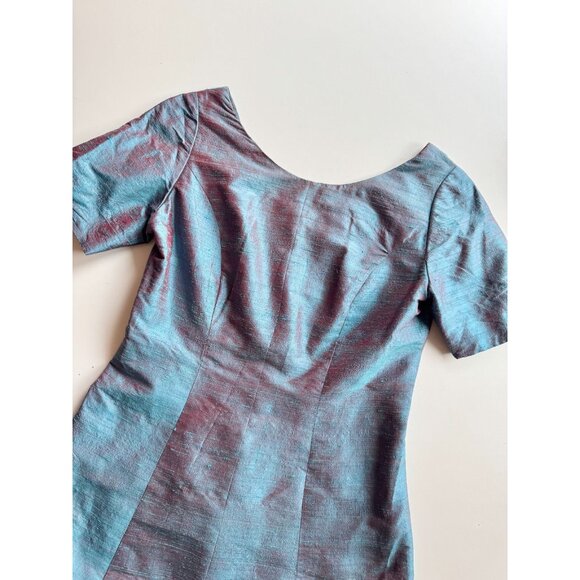 Vintage 60's Unbranded Iridescent Blue Teal Dupioni Silk A-Line Dress, Size S - Picture 6 of 11